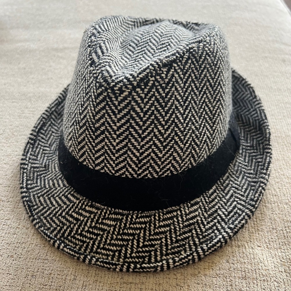 Unbranded Herringbone Fedora Hat Black White Pattern Cotton Blend‎ Size L/XL